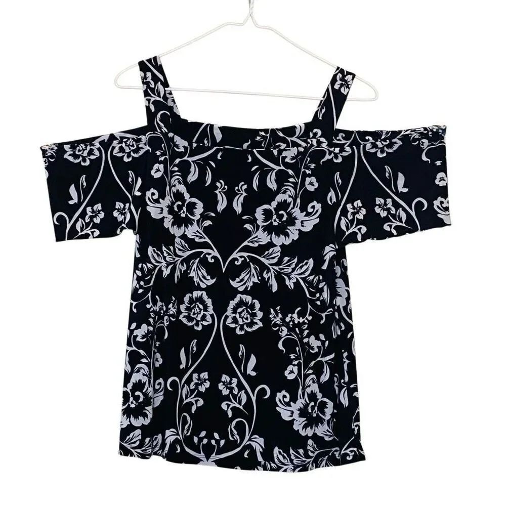 INC International Concepts Floral Cold Shoulder Blouse Top Black White Sz Small